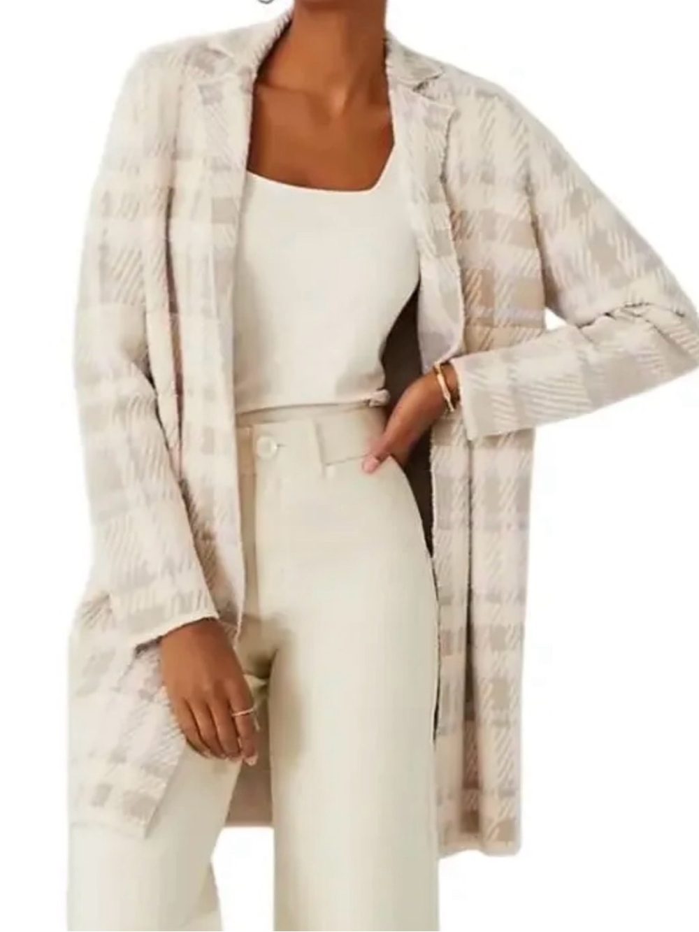 Ann Taylor Cream, Taupe & Lavender Plaid Knit Cardigan